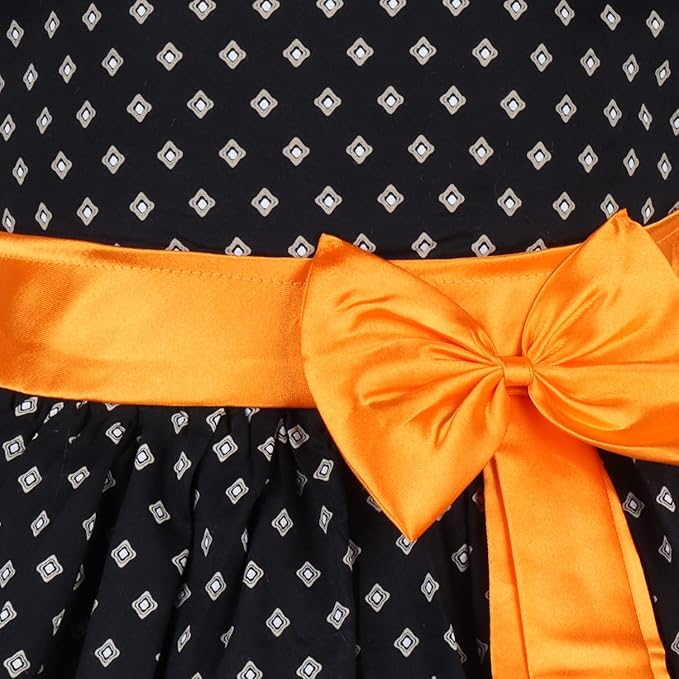 Girls Printed Cotton Party Wear Dress with Contrast Waist Bow