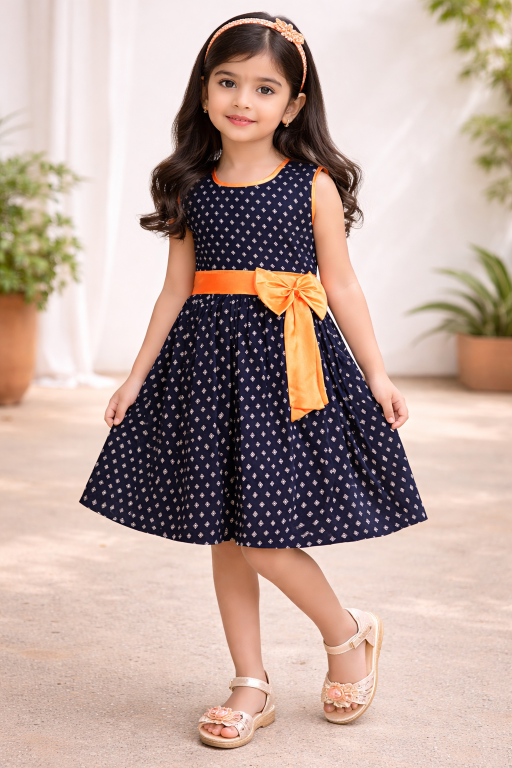 Girls Printed Cotton Party Wear Dress with Contrast Waist Bow