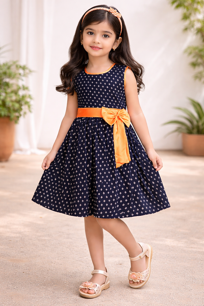Girls Printed Cotton Party Wear Dress with Contrast Waist Bow