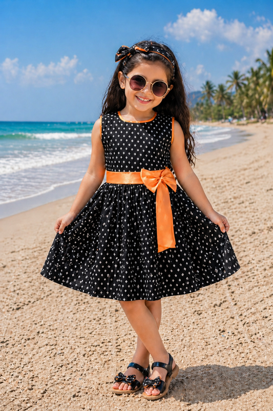 Girls Printed Cotton Party Wear Dress with Contrast Waist Bow
