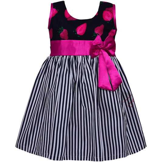 Girls Strawberry Print Sleeveless Party Dress with Pink Bow