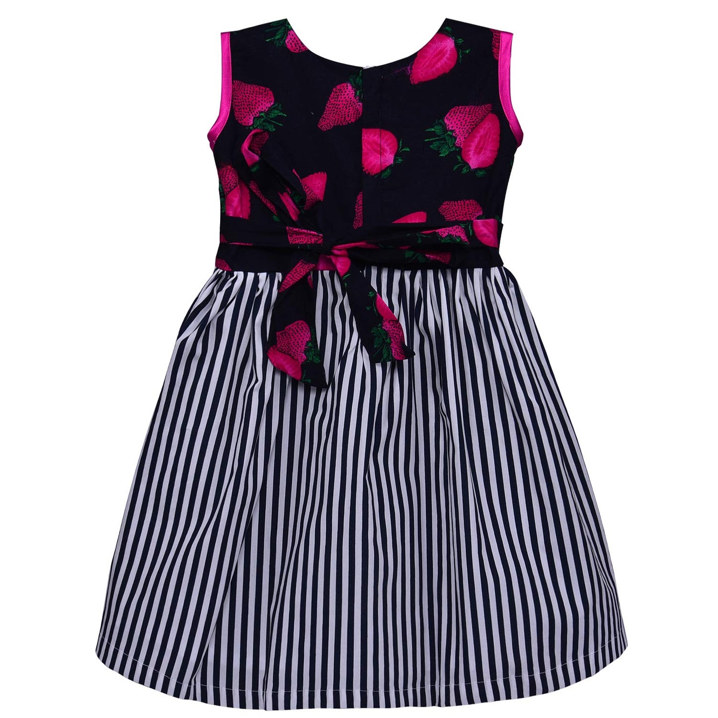 Girls Strawberry Print Sleeveless Party Dress with Pink Bow