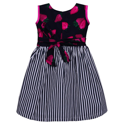 Girls Strawberry Print Sleeveless Party Dress with Pink Bow