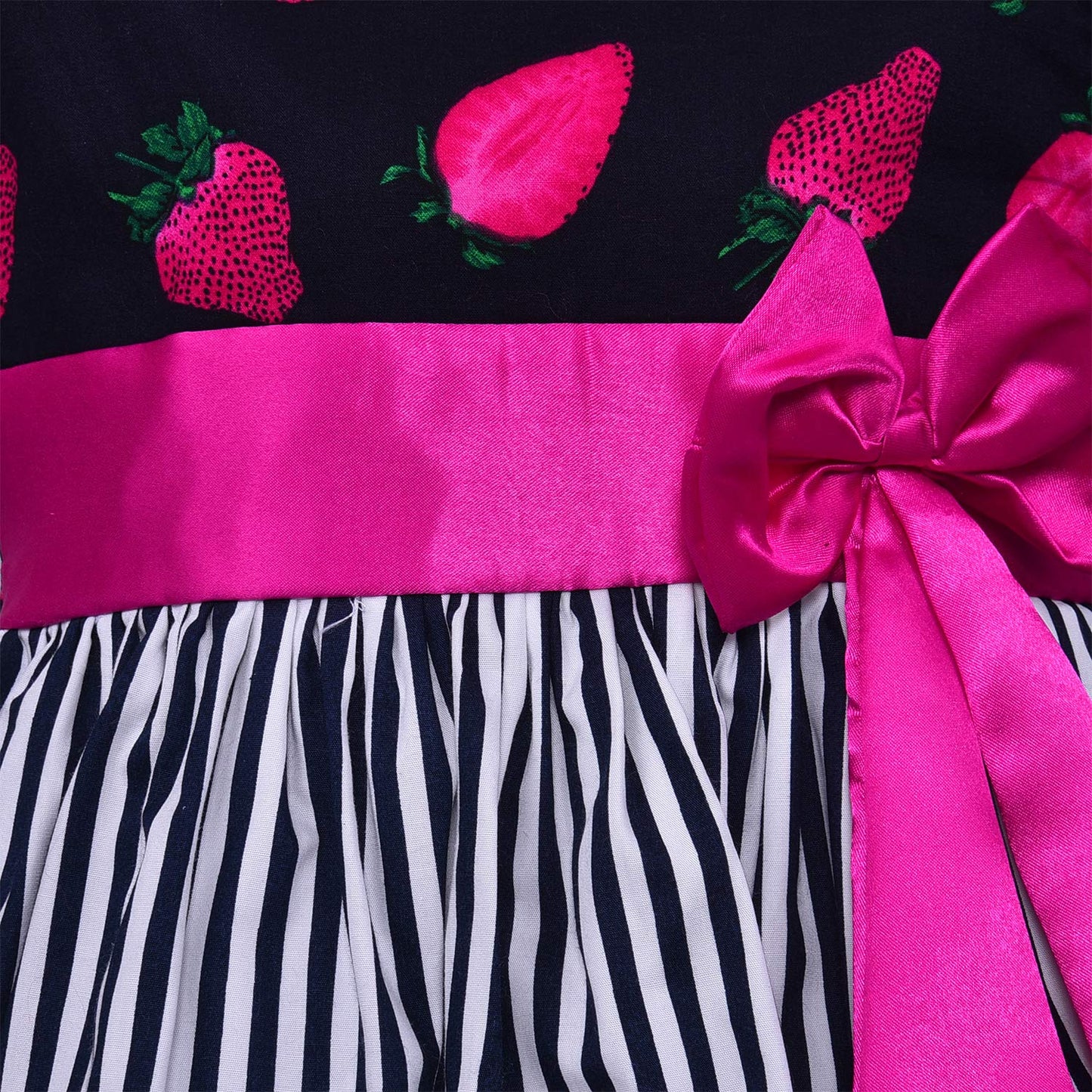 Girls Strawberry Print Sleeveless Party Dress with Pink Bow