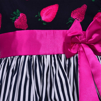 Girls Strawberry Print Sleeveless Party Dress with Pink Bow