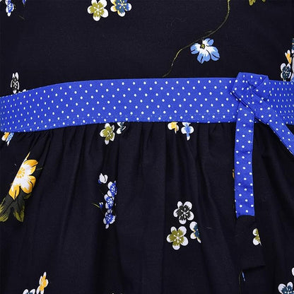 Girls Black Floral Printed Cotton Dress with Purple Polka Dot Waist Belt