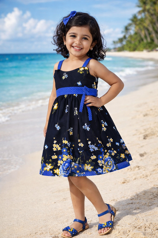 Girls Black Floral Printed Cotton Dress with Purple Polka Dot Waist Belt