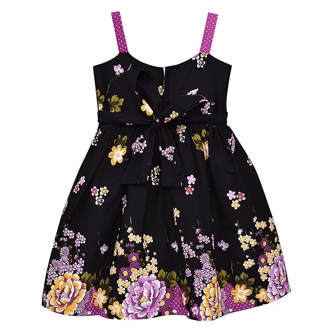Girls Black Floral Printed Cotton Dress with Purple Polka Dot Waist Belt