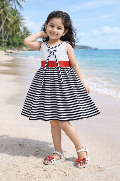 Girls White & Black Cotton Striped Sleeveless Dress with Bow | Soft & Breathable Kids Casual Party Dress