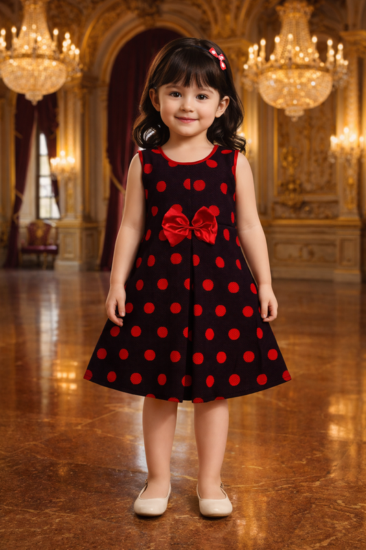 Girls Polka Dot Cotton Party Wear Dress with Bow Detail