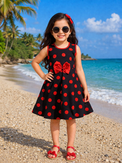 Girls Polka Dot Cotton Party Wear Dress with Bow Detail