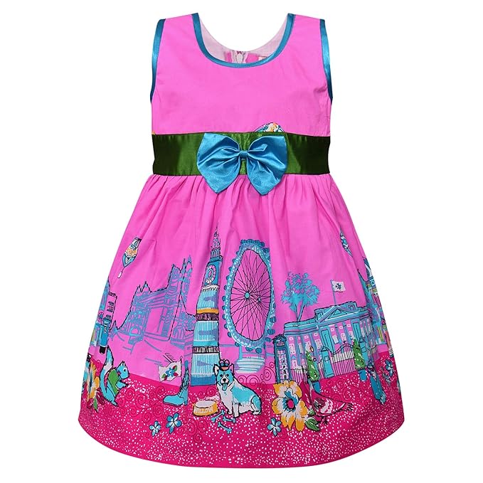 Girls Printed Cotton Party Dress with Green Waist Belt & Blue Bow