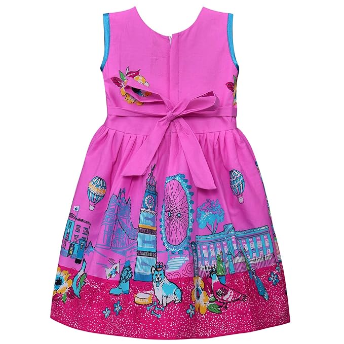 Girls Printed Cotton Party Dress with Green Waist Belt & Blue Bow