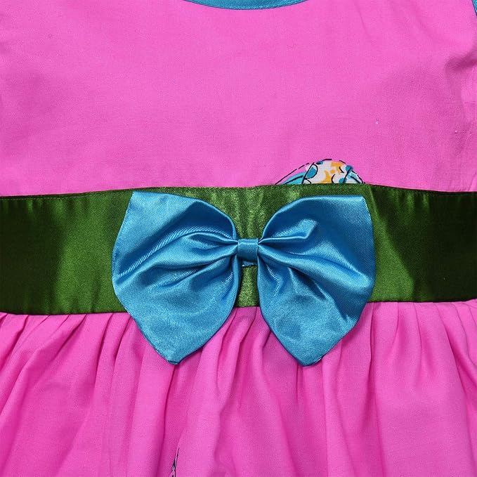 Girls Printed Cotton Party Dress with Green Waist Belt & Blue Bow