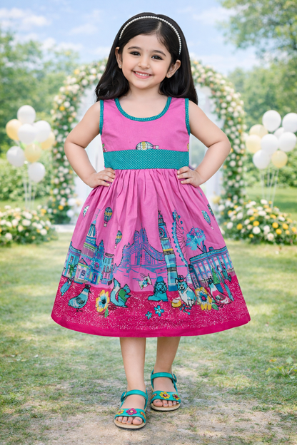 Girls Printed Cotton Party Dress with Green Waist Belt & Blue Bow