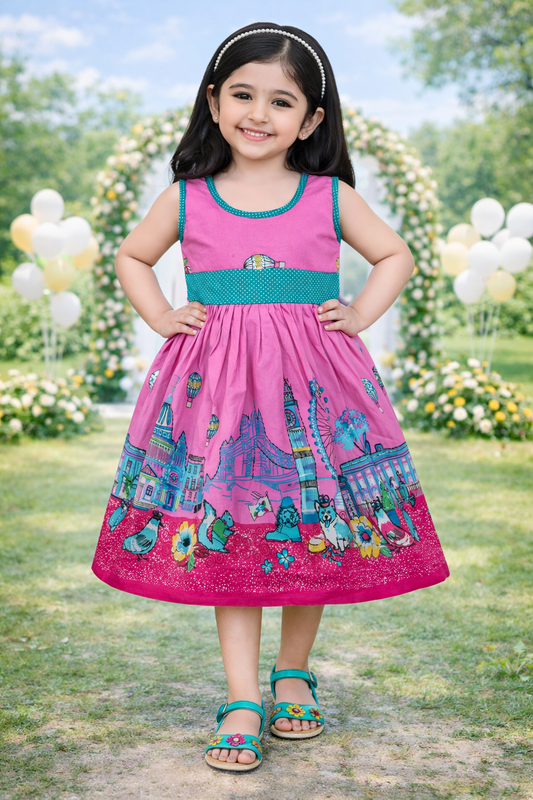 Girls Printed Cotton Party Dress with Green Waist Belt & Blue Bow