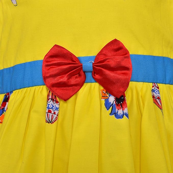 Girls Printed Cotton Party Dress with Green Waist Belt & Blue Bow