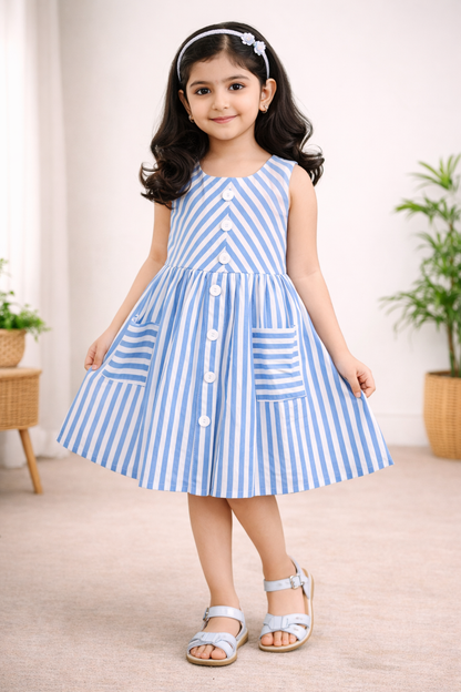 Wish Karo Girls Blue & White Striped Button-Down Dress