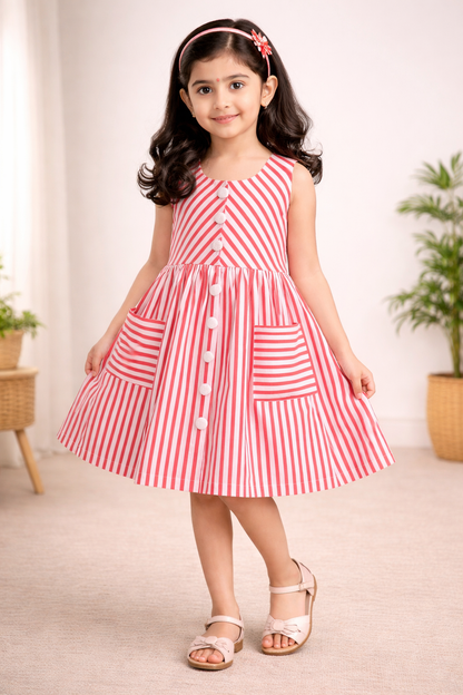 Girls Cotton Red & White Striped Button-Down Dress