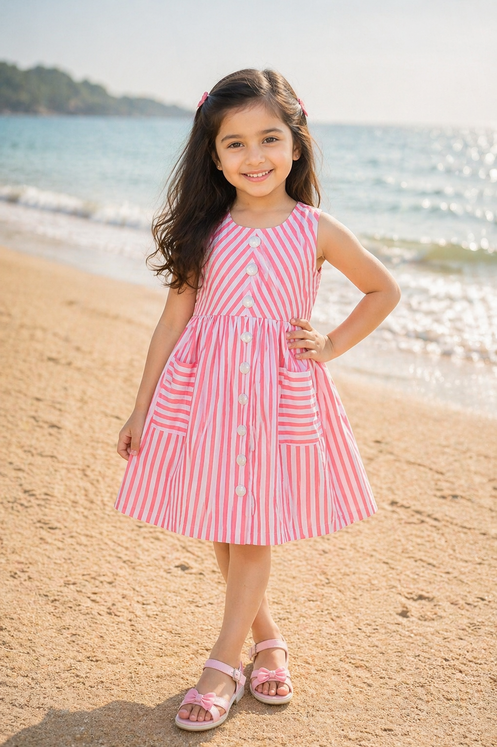 Girls Cotton Red & White Striped Button-Down Dress