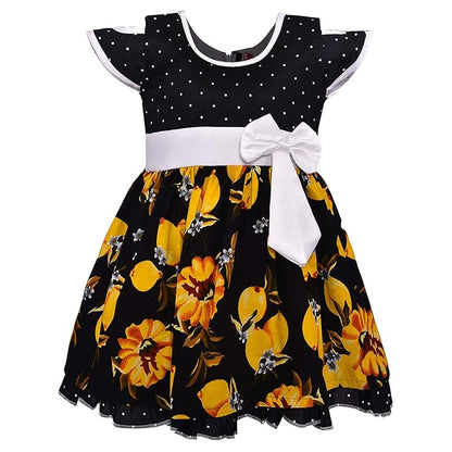 Girls Black Polka Dot & Yellow Floral Cotton Dress with White Waist Bow