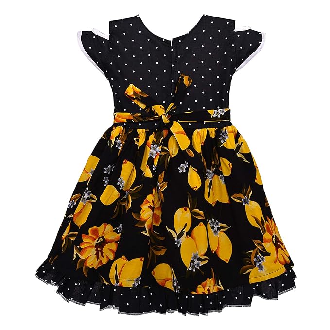 Girls Black Polka Dot & Yellow Floral Cotton Dress with White Waist Bow