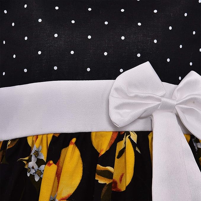 Girls Black Polka Dot & Yellow Floral Cotton Dress with White Waist Bow