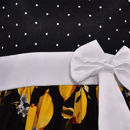 Girls Black Polka Dot & Yellow Floral Cotton Dress with White Waist Bow