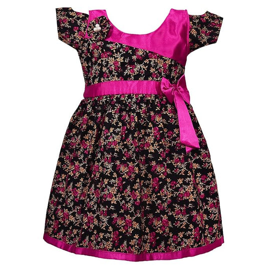 Girls Floral Printed Cotton Party Wear Dress with Contrast Yoke & Bow