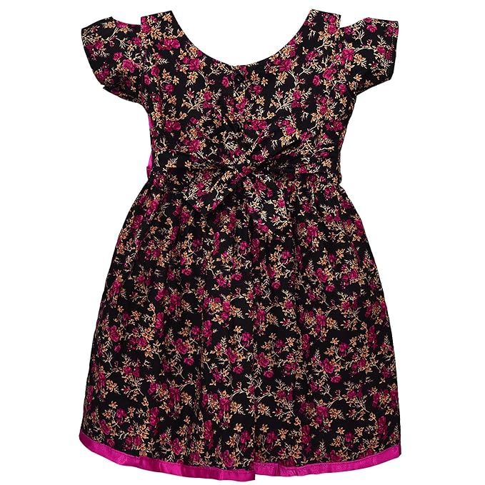 Girls Floral Printed Cotton Party Wear Dress with Contrast Yoke & Bow