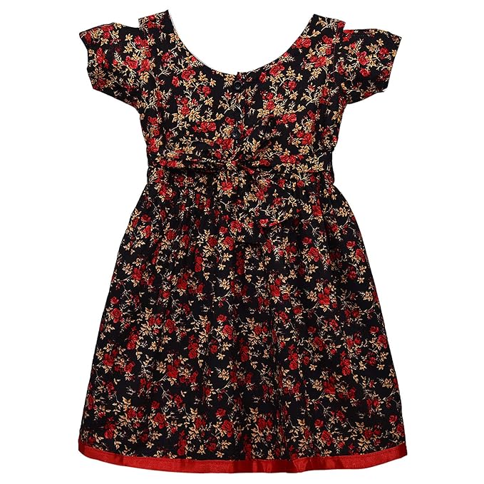 Girls Floral Printed Cotton Party Wear Dress with Contrast Yoke & Bow