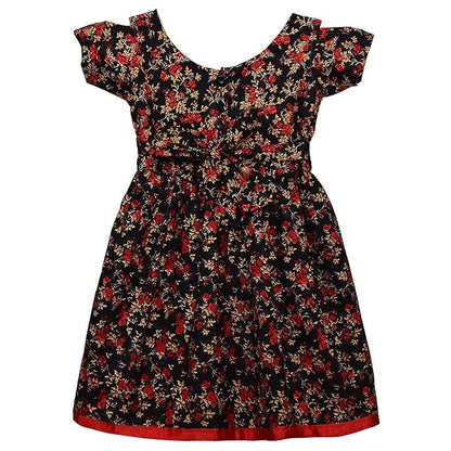 Girls Floral Printed Cotton Party Wear Dress with Contrast Yoke & Bow