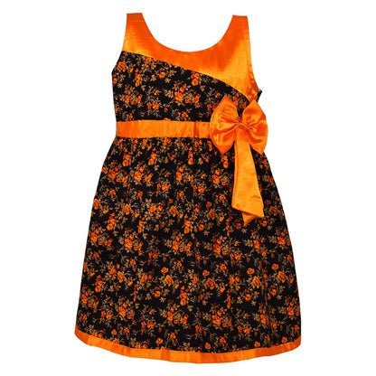 Girls Floral Printed Cotton Party Wear Dress with Contrast Yoke & Bow