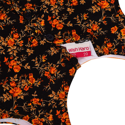 Girls Floral Printed Cotton Party Wear Dress with Contrast Yoke & Bow
