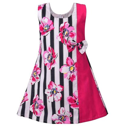 Girls Floral Printed Cotton A-Line Dress with Contrast Panel & Bow