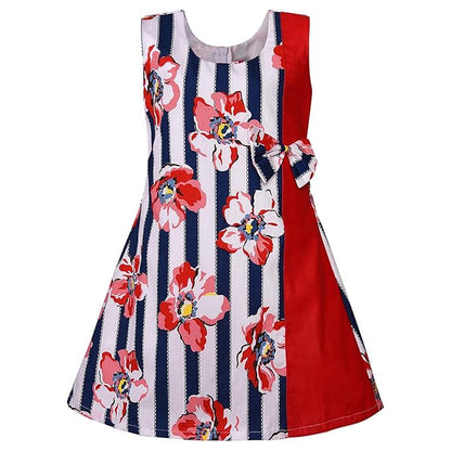 Girls Floral Printed Cotton A-Line Dress with Contrast Panel & Bow