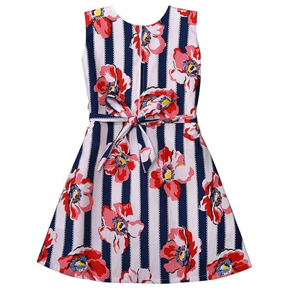 Girls Floral Printed Cotton A-Line Dress with Contrast Panel & Bow