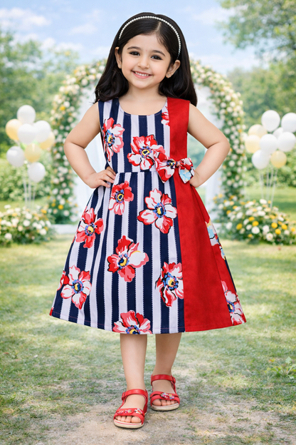 Girls Floral Printed Cotton A-Line Dress with Contrast Panel & Bow