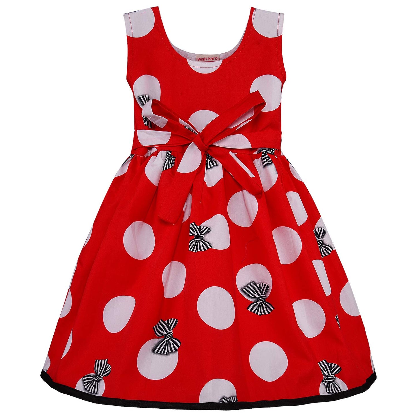 Girls Red Polka Dot Cotton Dress with Contrast Pockets & Bow Print