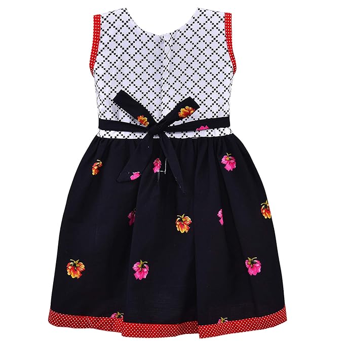 Girls Floral Printed Cotton Dress with Polka Dot Waist Bow