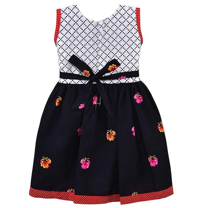 Girls Floral Printed Cotton Dress with Polka Dot Waist Bow