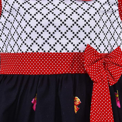 Girls Floral Printed Cotton Dress with Polka Dot Waist Bow