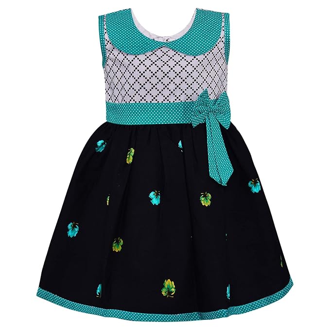Girls Floral Printed Cotton Dress with Polka Dot Waist Bow