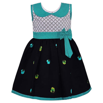 Girls Floral Printed Cotton Dress with Polka Dot Waist Bow