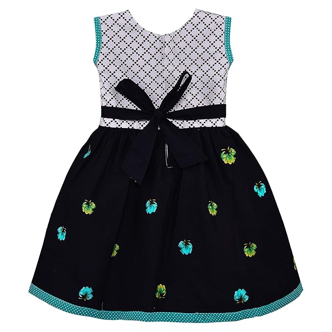 Girls Floral Printed Cotton Dress with Polka Dot Waist Bow