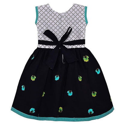Girls Floral Printed Cotton Dress with Polka Dot Waist Bow