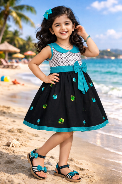 Girls Floral Printed Cotton Dress with Polka Dot Waist Bow