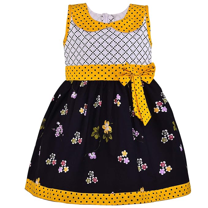 Girls Floral Printed Cotton Dress with Polka Dot Waist Bow