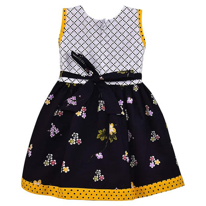 Girls Floral Printed Cotton Dress with Polka Dot Waist Bow