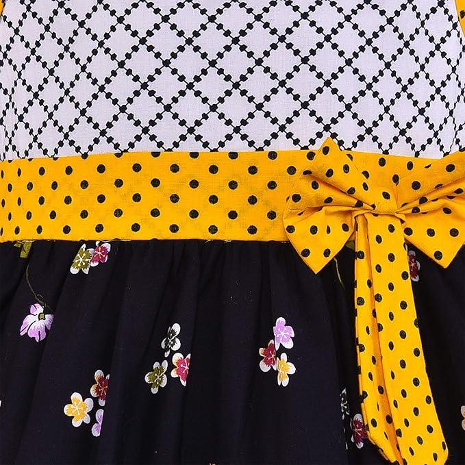 Girls Floral Printed Cotton Dress with Polka Dot Waist Bow